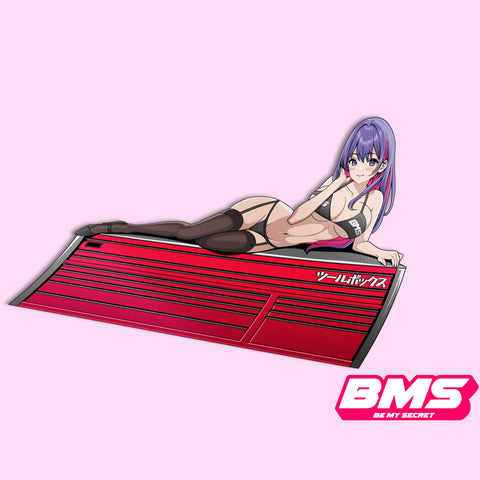 Animated character lying on a red toolbox with 'BMS' branding on a pink background
